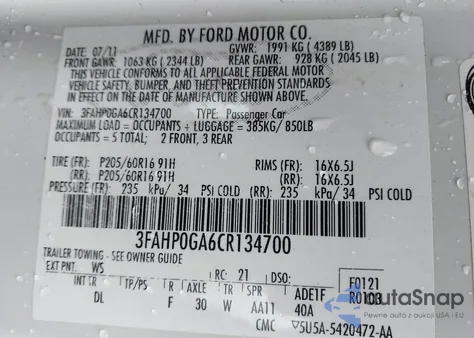 2012 Ford Fusion S из США, поврежденный, VIN 3FAHP0GA6CR134700